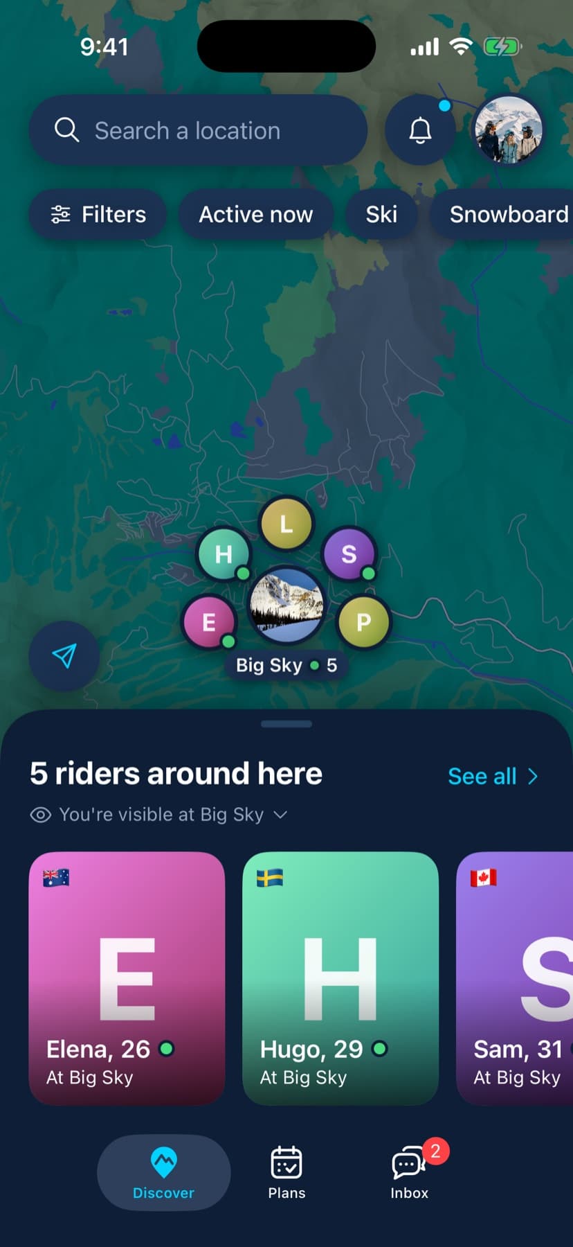 Snow Buddies Discover: a mountain map with rider portraits, and profiles of Elena, Hugo and Sam nearby.