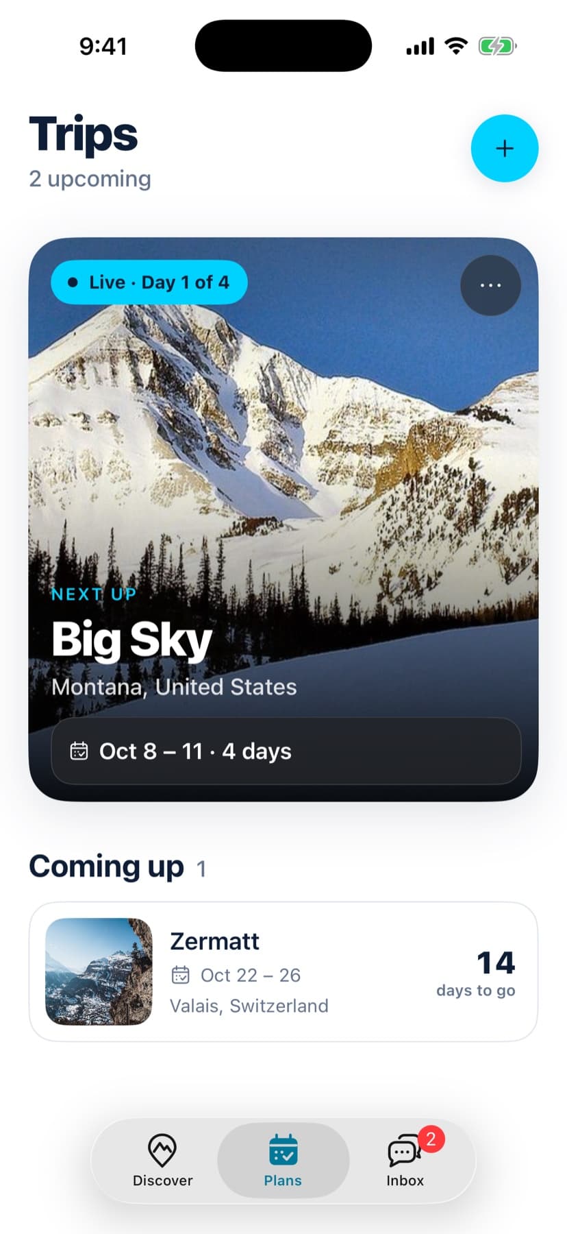 Snow Buddies Trips: mountain trips at Big Sky and Zermatt, with dates and a countdown.